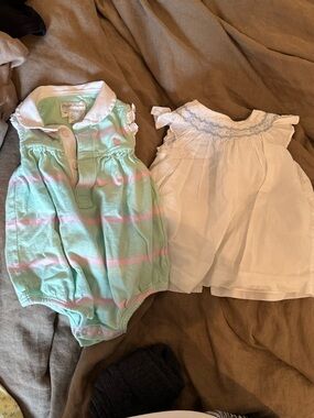 Ralph Lauren White Baby Dress with Light Blue Smocking and Mint & Pink Onesie